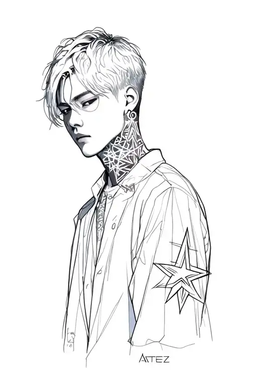 faceless male K-pop idol in a stylish pose, with a glowing star molded on his neck with the word ateez tattoo design idea