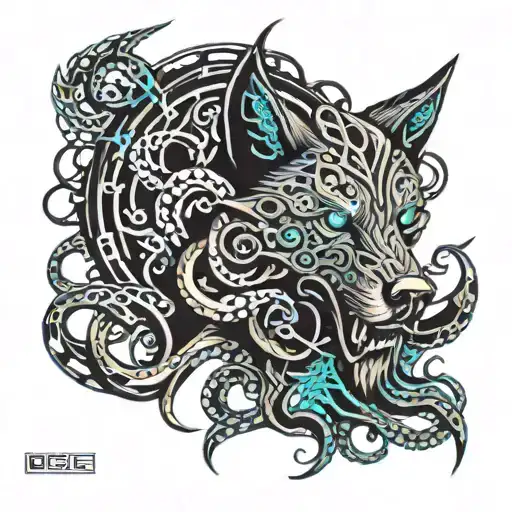 wolf's head and octopus tentacles, wrapping dynamically around the wolf, creating a sense of entanglement and movement tattoo design idea