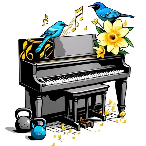 a piano, a bluebird and a daffodil, with musical notes. There are also some kettlebells on the floor tattoo design idea