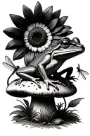 treefrog sitting on a mushroom with a sunflower and dragonfly tattoo design idea
