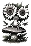 treefrog sitting on a mushroom with a sunflower and dragonfly tattoo design idea