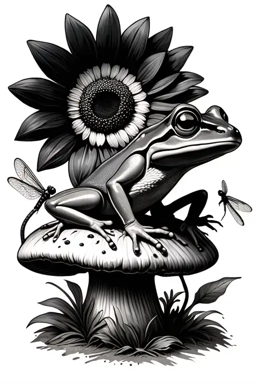treefrog sitting on a mushroom with a sunflower and dragonfly tattoo design idea
