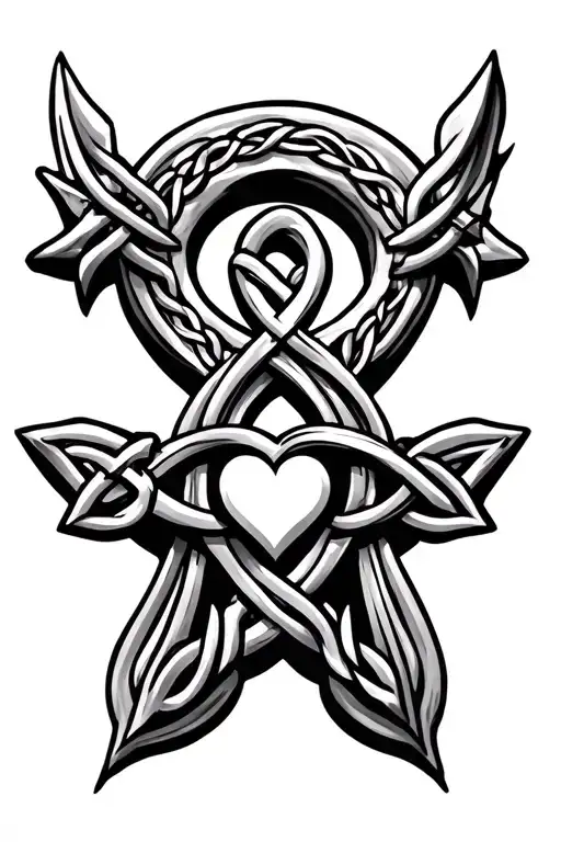Black and grey Celtic cross with knotwork, pierced by an arrow, heart at the base, rib tattoo layout. tattoo design idea