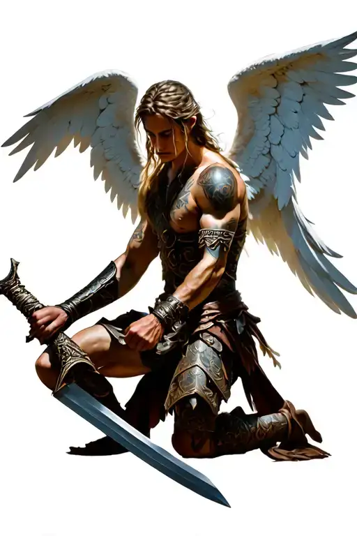 warrior angel kneeling facing down with sword standing with wings wide open tattoo design idea