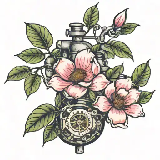 magnolia tree growing from mechanical heart tattoo design idea
