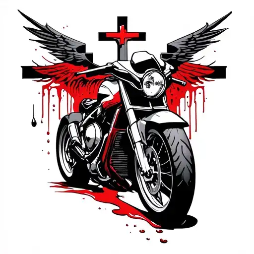 Motorcycle and crucifix and blood droplet tattoo design idea