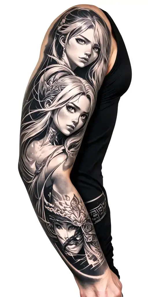 Full arm sleeve with different objects from different animes tattoo design idea