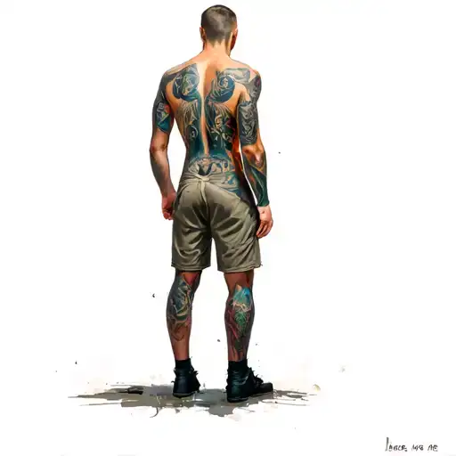 a man standing his back and his fate is in the case tattoo design idea