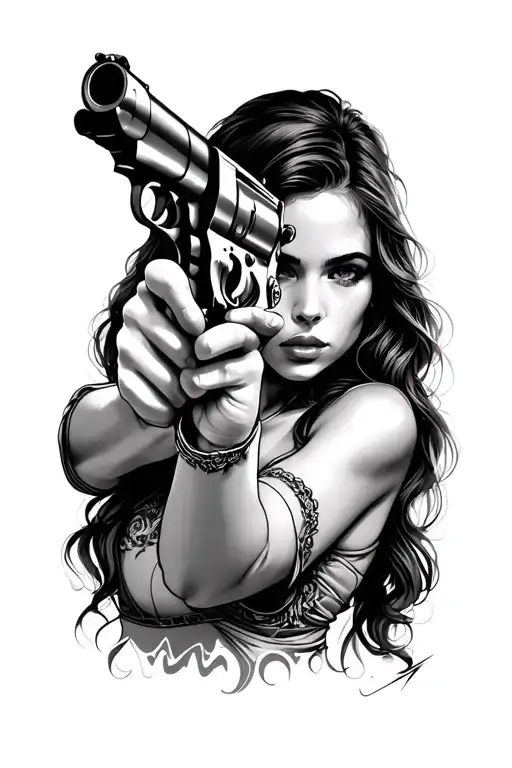 women aimin with revolver trough the window looking tattoo design idea