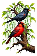 weeping willow tree with crow perched and a red cardinal  tattoo design idea