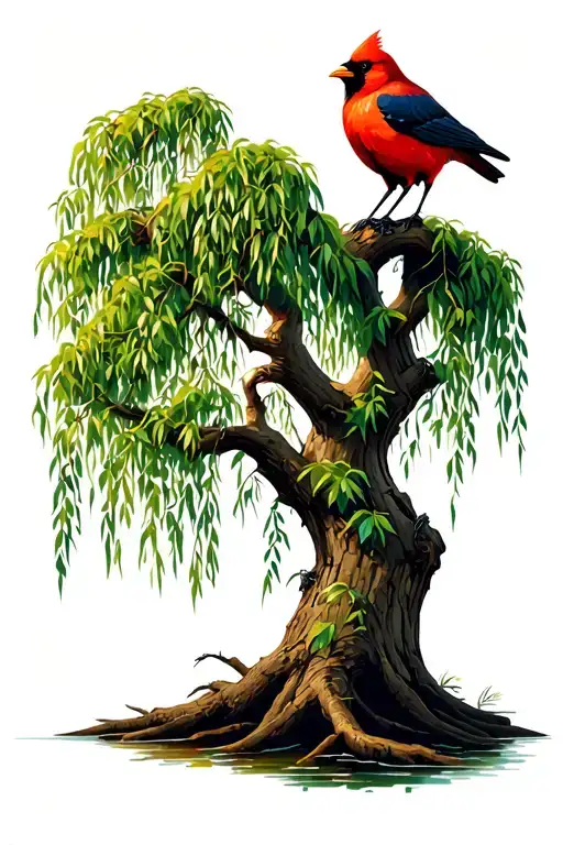 weeping willow tree with crow perched and a red cardinal  tattoo design idea