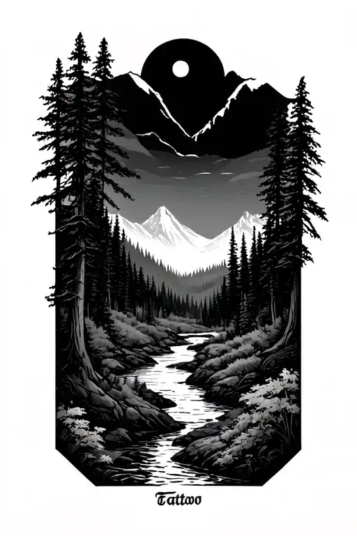forest valley with river tattoo design idea