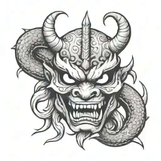 snakes sword oni mask Japanese style videogame tattoo design idea