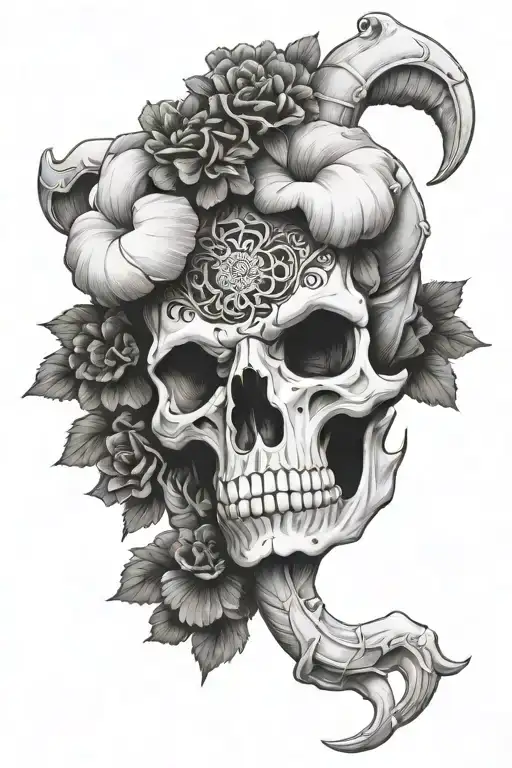 Aires ram skull with marigold flowers and the libra scale incorporated  tattoo design idea
