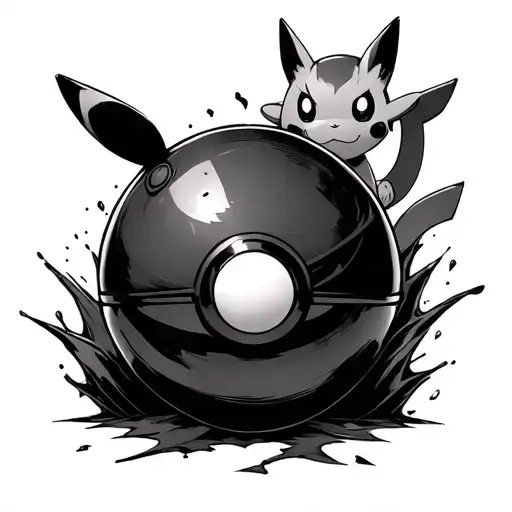 Masterball poke ball with detective pikachu coming out, but then behind the masterball is mew that fades into mewtwo tattoo design idea
