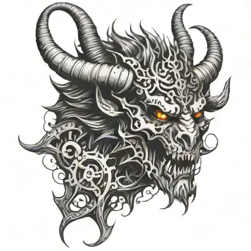 Demon with bent horns showing its beast teeth spur gear tattoo design idea