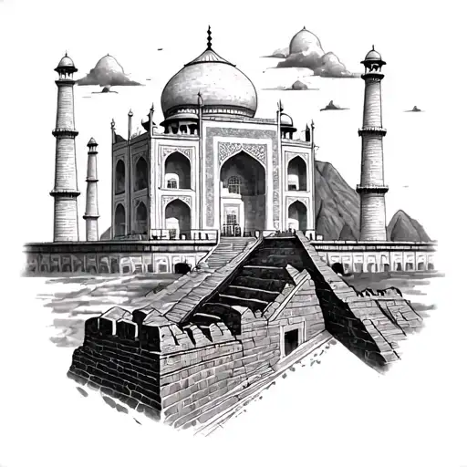 Taj Mahal, Great Wall of china, machu pichu Half sleeve for leg, long style all separate  tattoo design idea