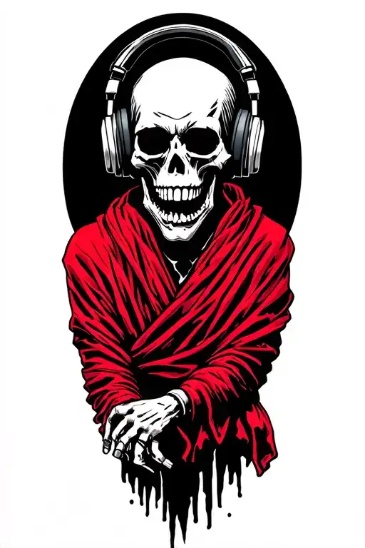 punk rock skeleton wearing headphones over a red robe tattoo design idea