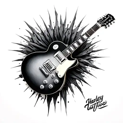 Realistic black and white mix of a les paul, harley sporster, groot, hard rock tattoo design idea