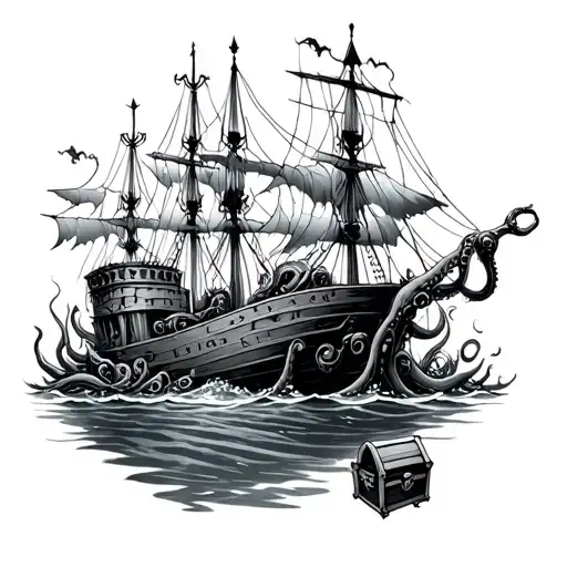 underwater ship wreck, Poseidons trident, octopus, treasure chest tattoo design idea