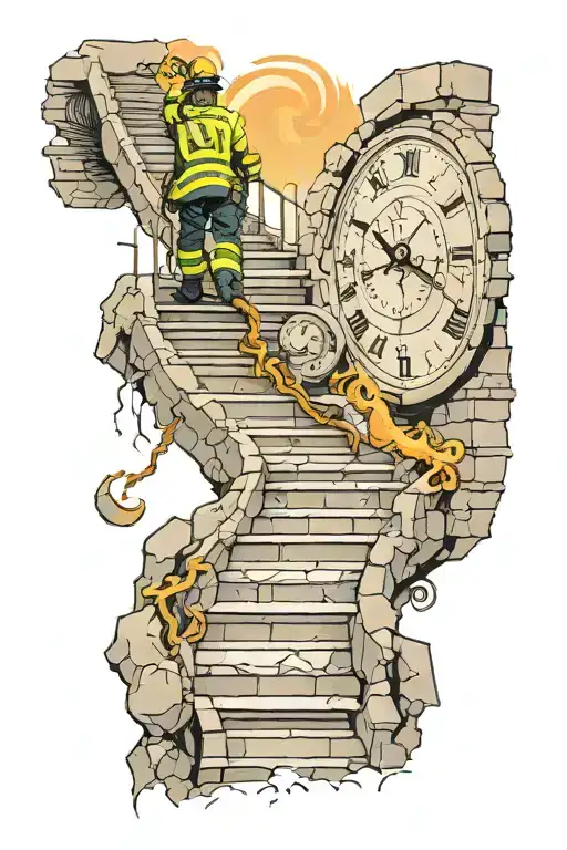 firefighter climbing winding broken stairs that lead to a broken clock tattoo design idea