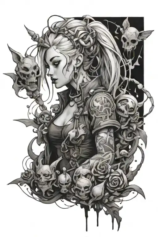 Arcane Jinx surounded by Vi, Ekko and others tattoo design idea