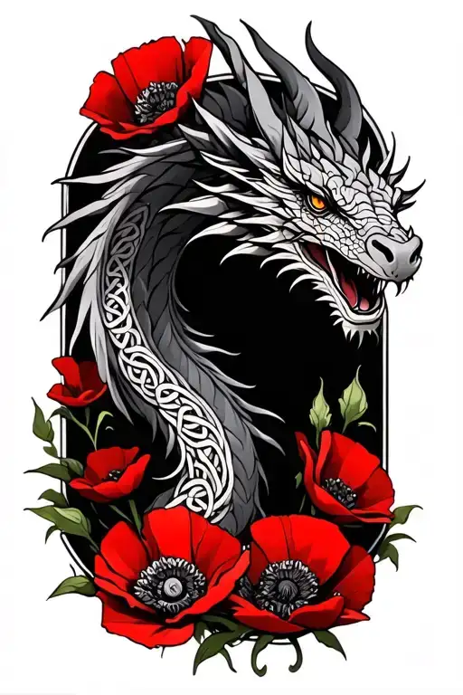 celtic dragon sureounded by red poppies tattoo design idea