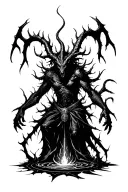 dark and shadowy demon emerging from a summoning circle. shadows, thorns, twisted horns, occult symbols tattoo design idea