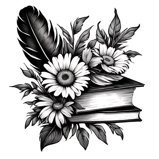 turkey feather, daisy and sweat pea flower with books tattoo design idea