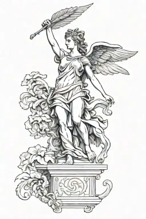 "Design a highly detailed and realistic black and grey tattoo of Nike, the Greek Goddess of Victory, for a forearm place tattoo design idea
