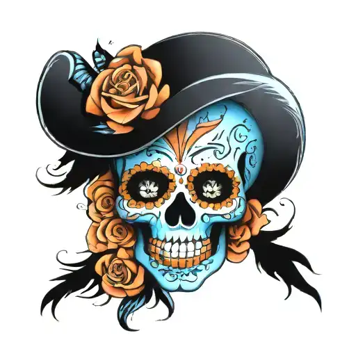 sugar skull mexican with skyblue and orange tattoo design idea