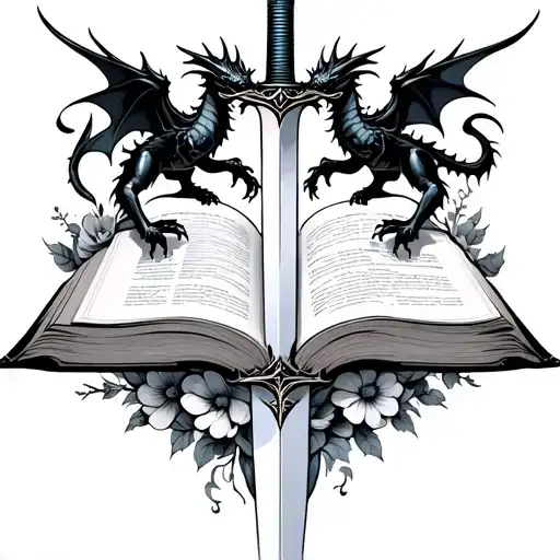 books with black dragons flying and sword with flowers intertwined tattoo design idea
