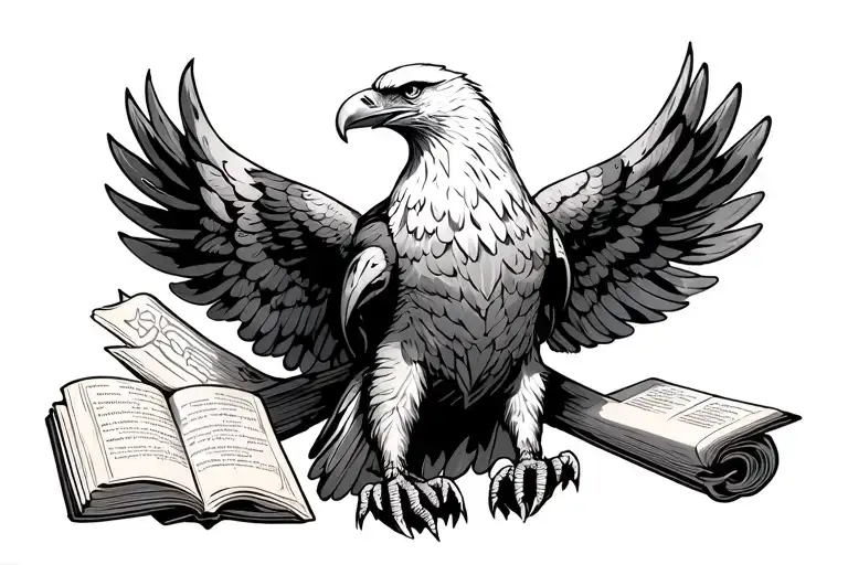 eagle wings spread wide, scripture scrolls in claws perched tattoo design idea