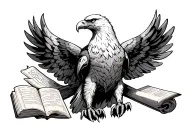 eagle wings spread wide, scripture scrolls in claws perched tattoo design idea