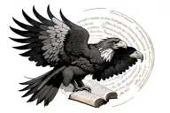 eagle wings spread wide, scripture scrolls in claws perched tattoo design idea