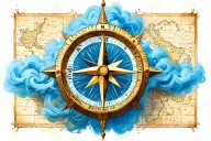 compass rose from treasure map with a blue cloud of smoke behind it tattoo design idea