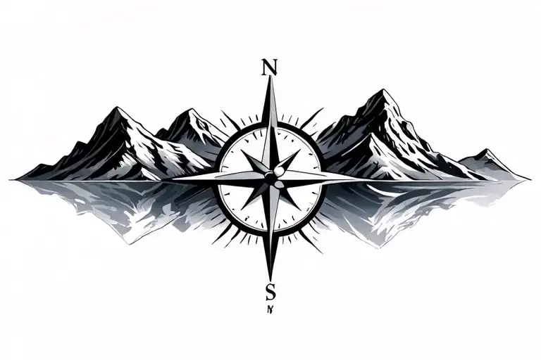 compass surrounded by mountins black and grey tattoo design idea