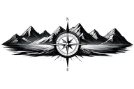 compass surrounded by mountins black and grey tattoo design idea