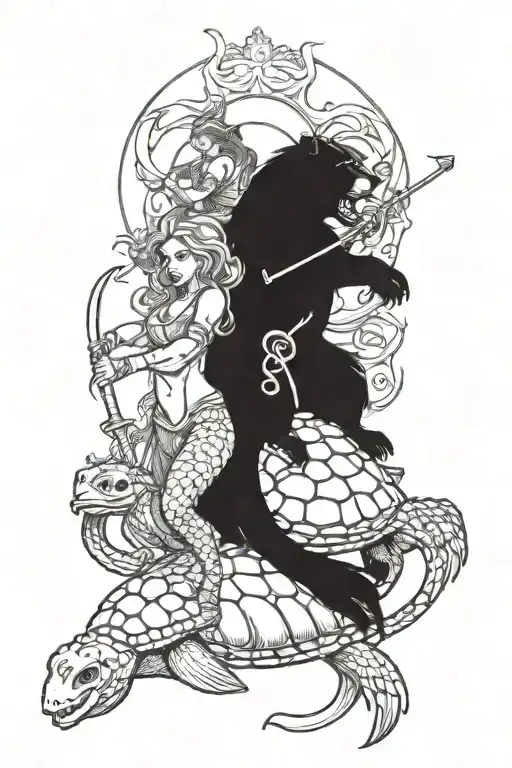 mermaid and turtle and bear warriors riding into battle tattoo design idea