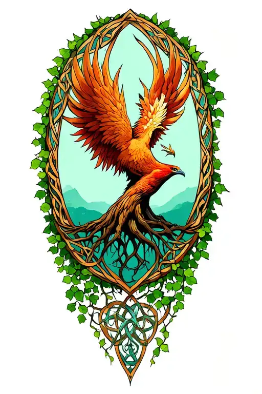 phoenix rising above tree of life framed by Celtic tribal style ivy vine  tattoo design idea