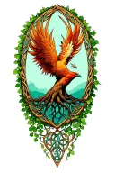 phoenix rising above tree of life framed by Celtic tribal style ivy vine  tattoo design idea