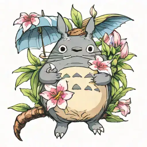 totoro holding an alum Lilly tattoo design idea
