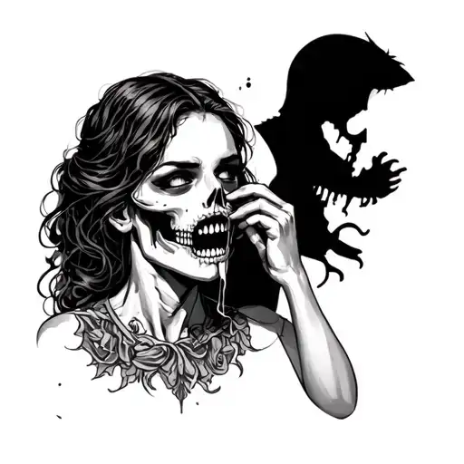 woman getting throat cut open by a shadow figure tattoo design idea