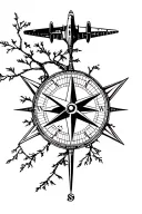 Airplane crossing compass intertwined clock. Sign of nature like a tree for example. tattoo design idea