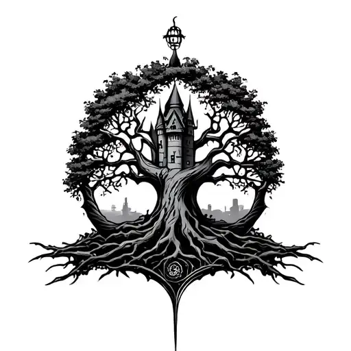 tree of life medevil castle surrounded tattoo design idea