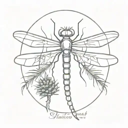 mechanical robot dragonfly landing on a pinecone, minimal tattoo design idea