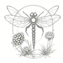 mechanical robot dragonfly landing on a pinecone, minimal tattoo design idea