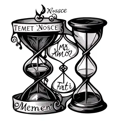 "Temet Nosce, Amor Fati, Mement" Hourglass, infinity shape, atom, scale, tattoo design idea