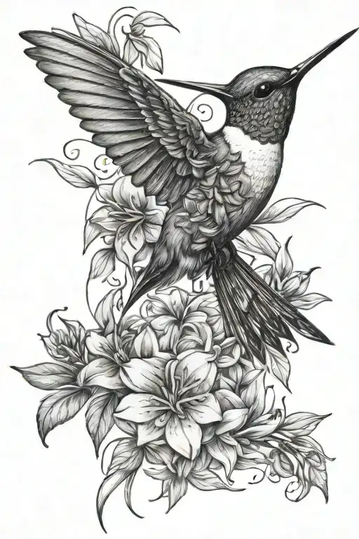 hummingbird and honeysuckle flowers tattoo design idea