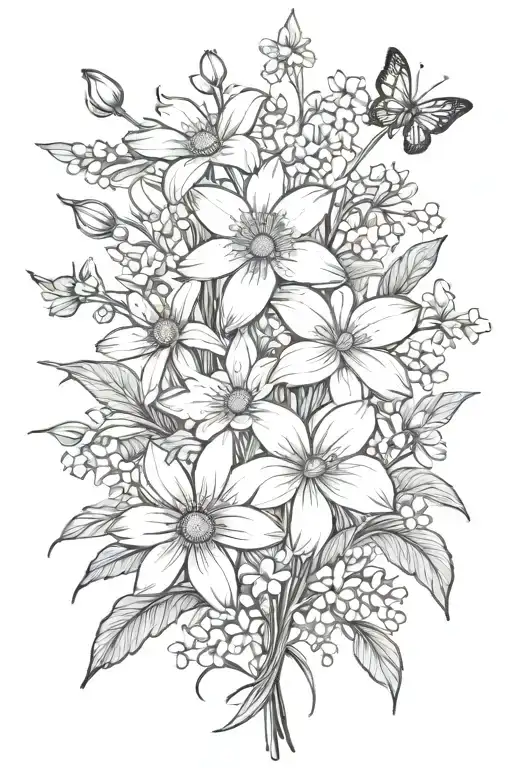 daisies and daffodils bouquet with sprinkling of cherry blossoms, snow drops, violets, filler, stems tattoo design idea
